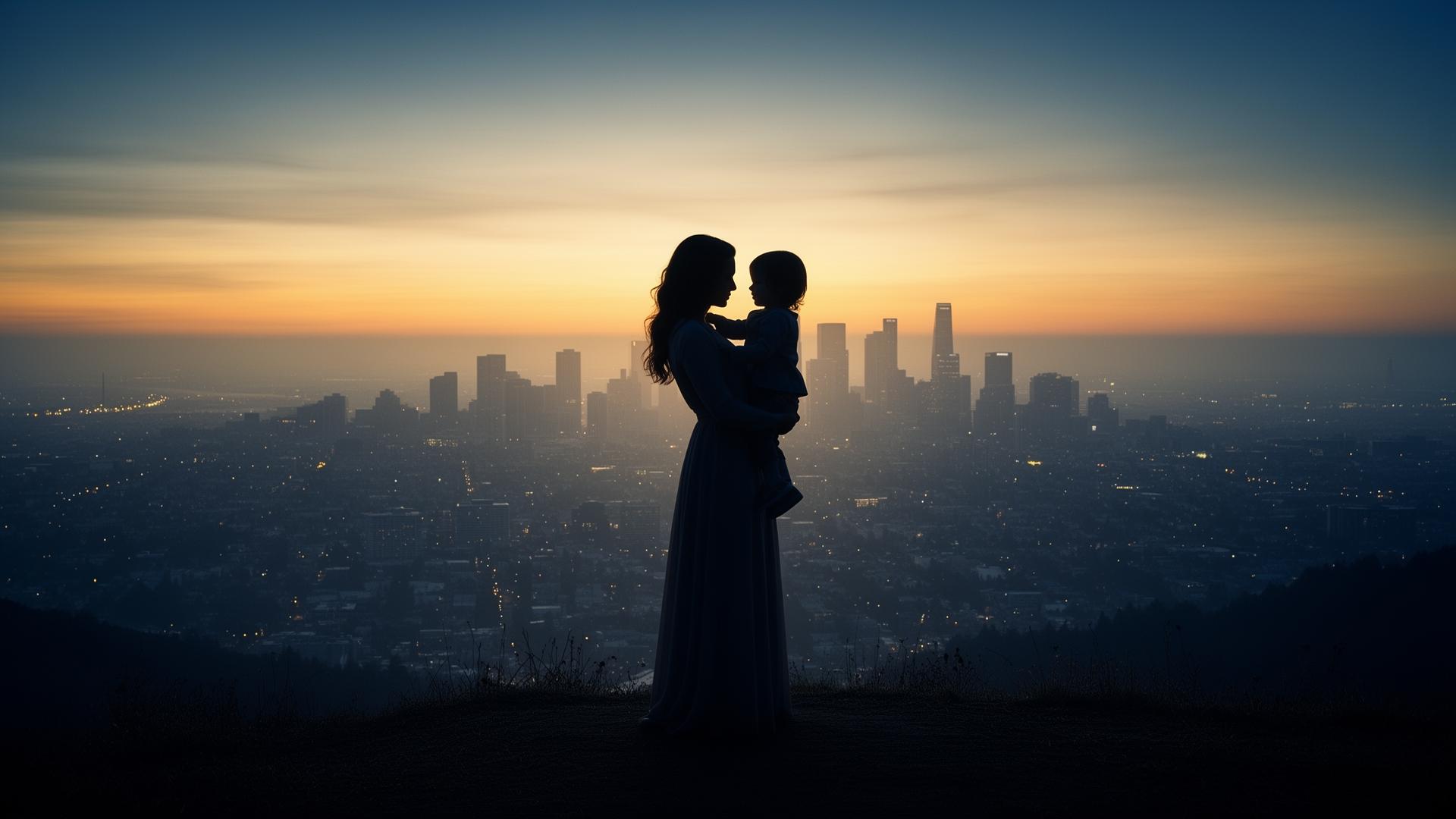 A mother holding her child at dawn