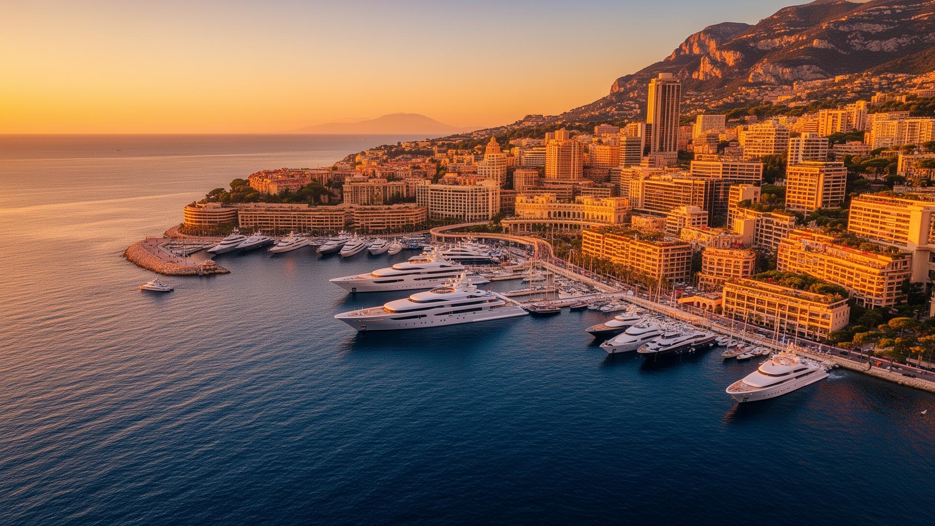 Aerial view of Monaco harbor at sunset